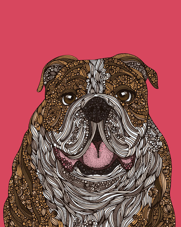 A vibrant English Bulldog art print on 8x10 photographic paper, showcasing the breed's unique features.