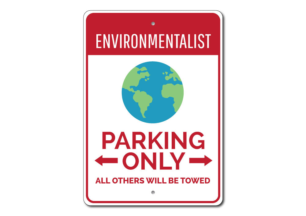 A vibrant Environmentalist Parking Sign made of durable aluminum, featuring unique designs for various vehicles, showcasing its easy mounting options.