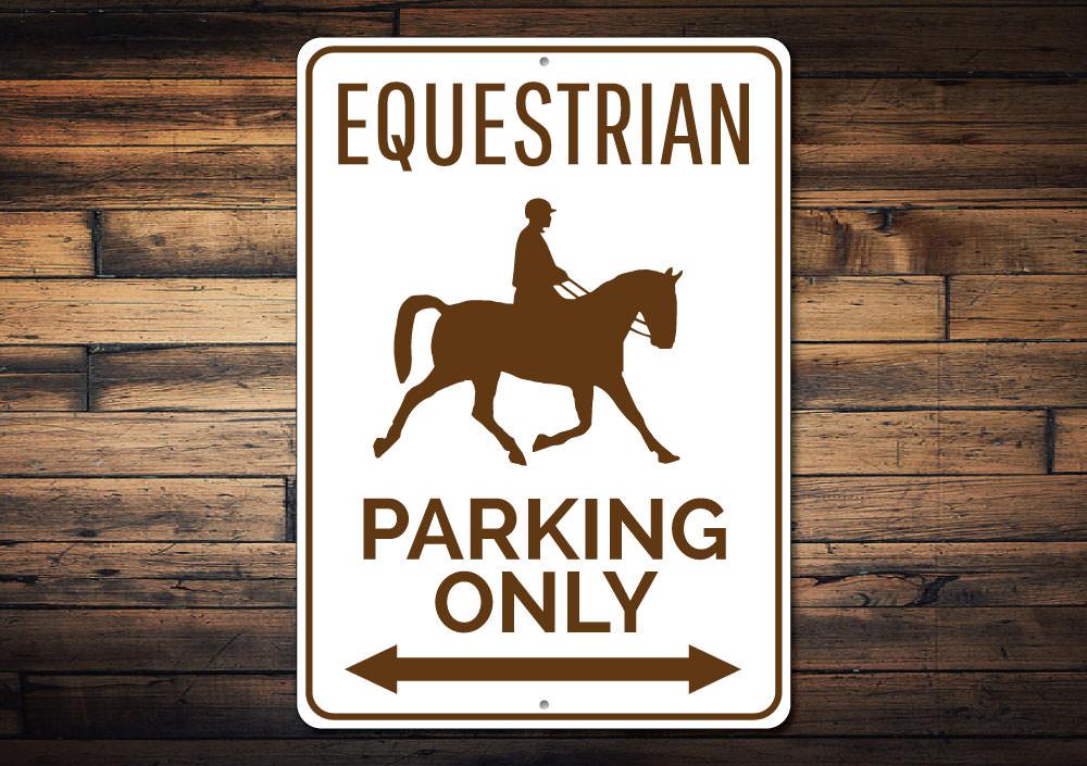 Equestrian Parking Sign made of high-quality aluminum, featuring customizable text and pre-drilled holes for easy mounting.