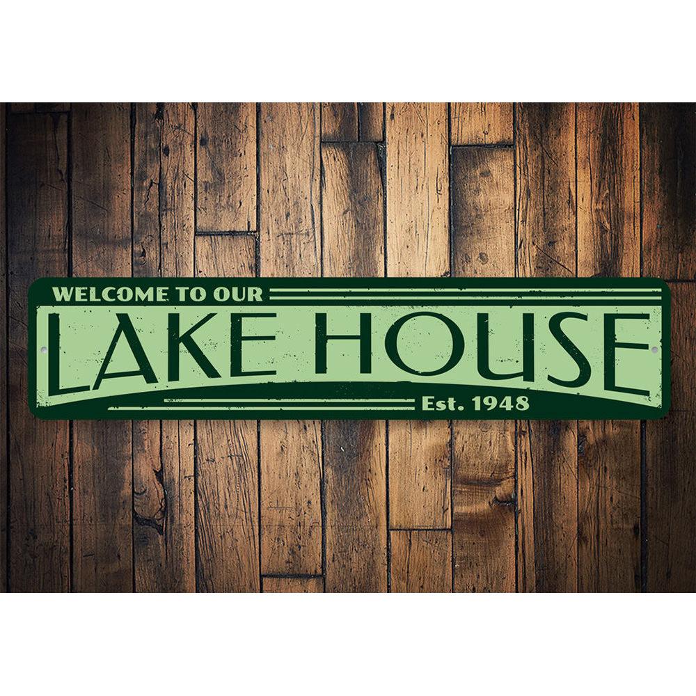 Personalized Established Date Lake House Sign made of high-quality aluminum, featuring customizable text and pre-drilled holes for easy mounting.