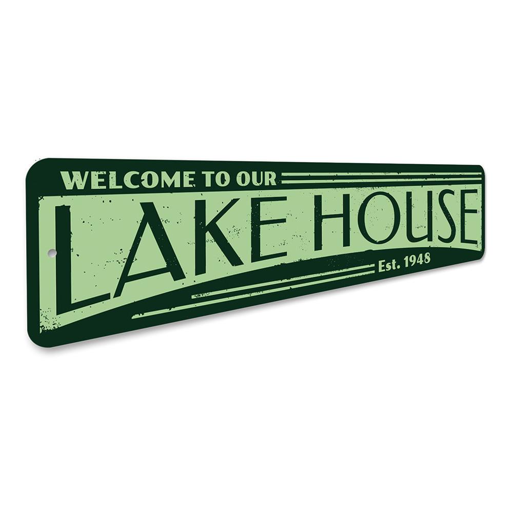 Personalized Established Date Lake House Sign made of high-quality aluminum, featuring customizable text and pre-drilled holes for easy mounting.