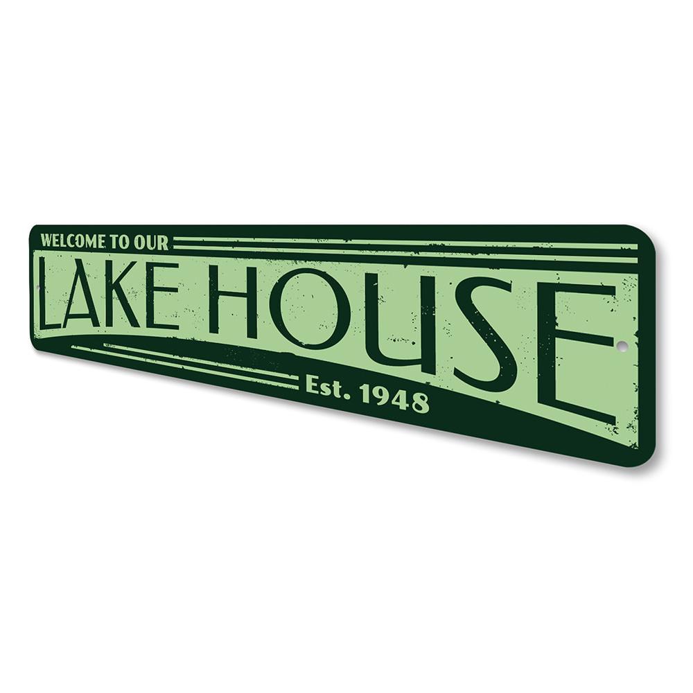 Personalized Established Date Lake House Sign made of high-quality aluminum, featuring customizable text and pre-drilled holes for easy mounting.