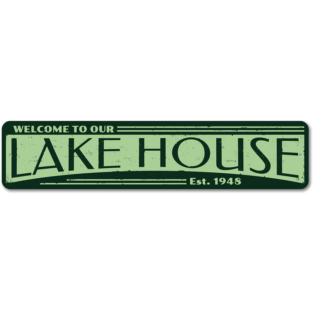 Personalized Established Date Lake House Sign made of high-quality aluminum, featuring customizable text and pre-drilled holes for easy mounting.