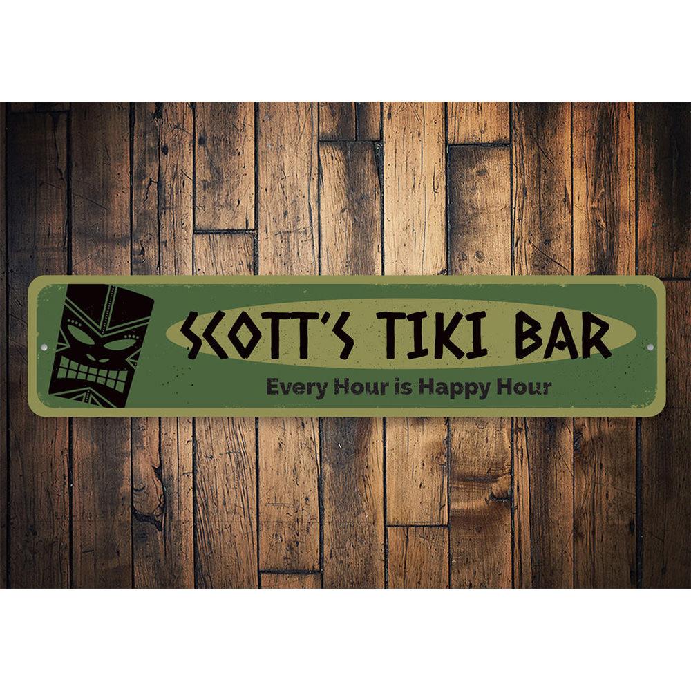 Every Hour is Happy Hour Tiki Sign made of durable aluminum, featuring vibrant colors and customizable text, perfect for beach-themed decor.