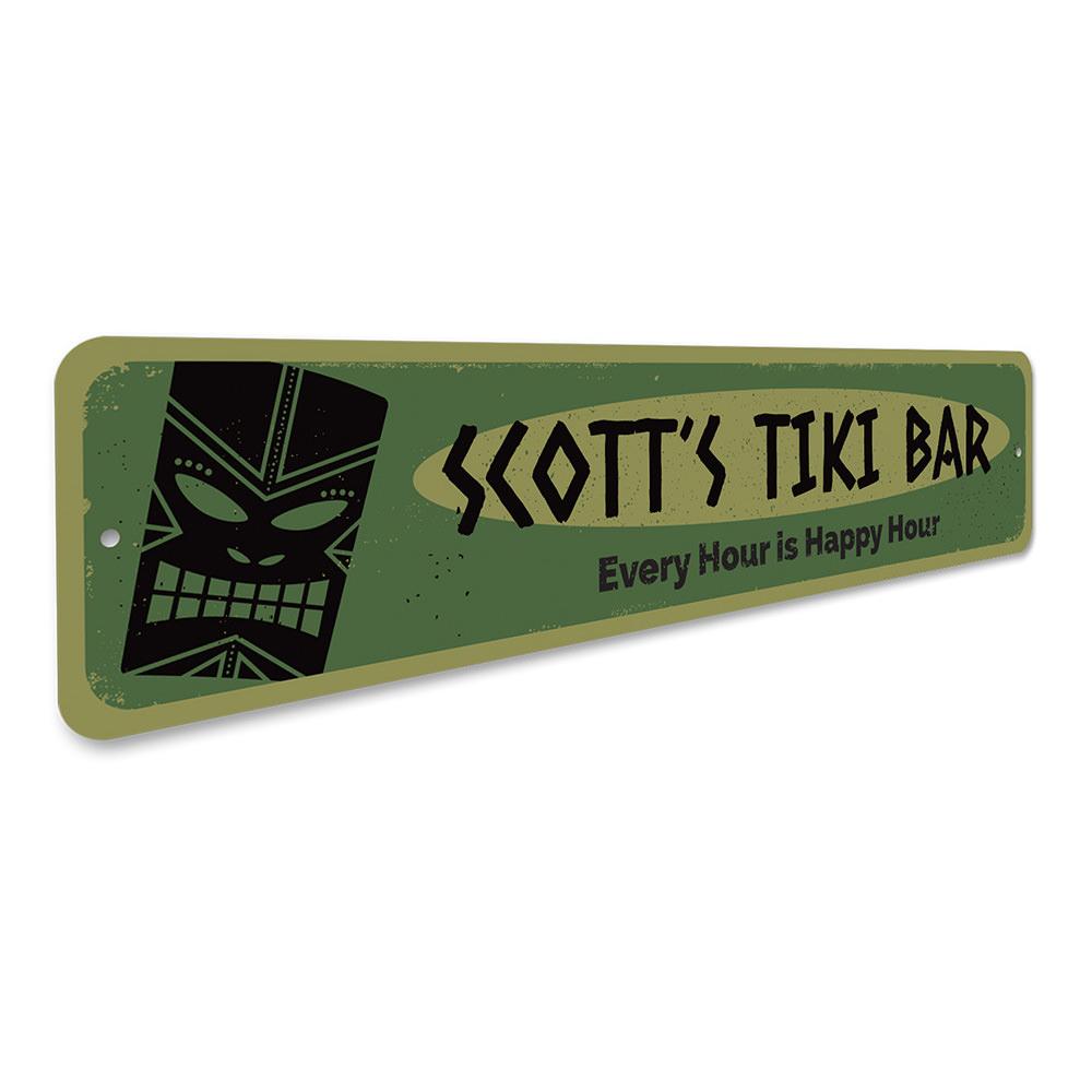 Every Hour is Happy Hour Tiki Sign made of durable aluminum, featuring vibrant colors and customizable text, perfect for beach-themed decor.