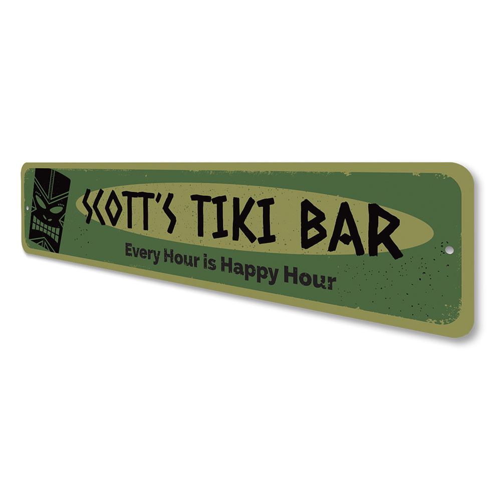 Every Hour is Happy Hour Tiki Sign made of durable aluminum, featuring vibrant colors and customizable text, perfect for beach-themed decor.