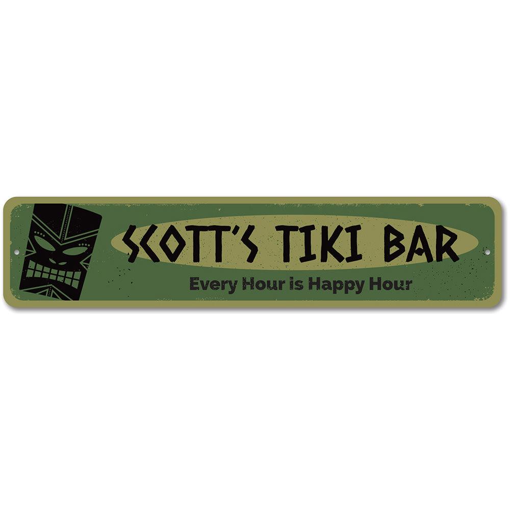 Every Hour is Happy Hour Tiki Sign made of durable aluminum, featuring vibrant colors and customizable text, perfect for beach-themed decor.