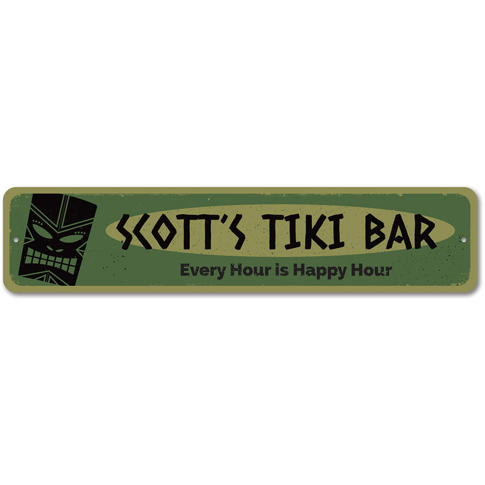 Every Hour is Happy Hour Tiki Sign made of durable aluminum, featuring vibrant colors and customizable text, perfect for beach-themed decor.