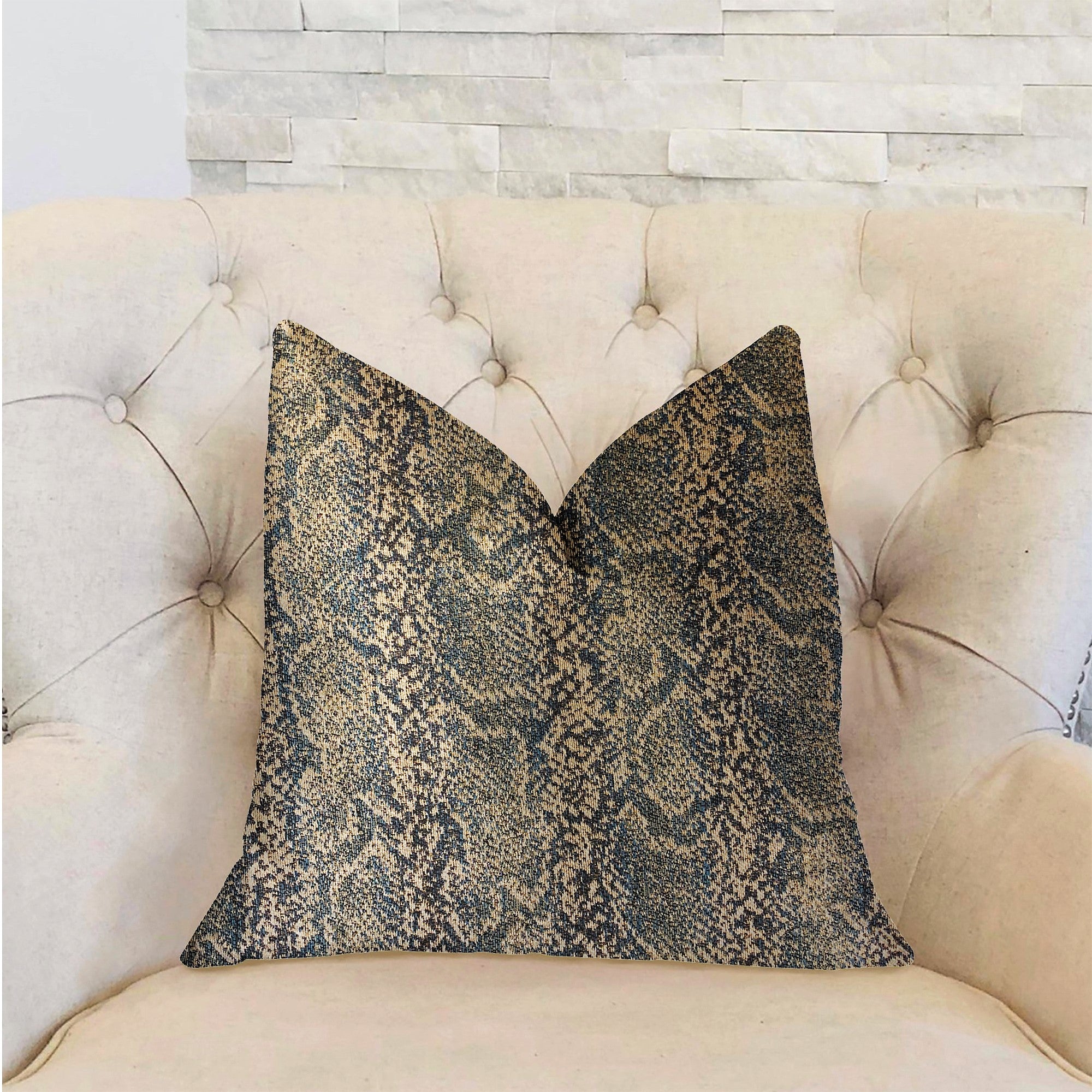 Exotic Phantom Blue and Gold Luxury Throw Pillow showcasing a vibrant blue and gold animal pattern, featuring an invisible zipper and plush hypoallergenic fill.