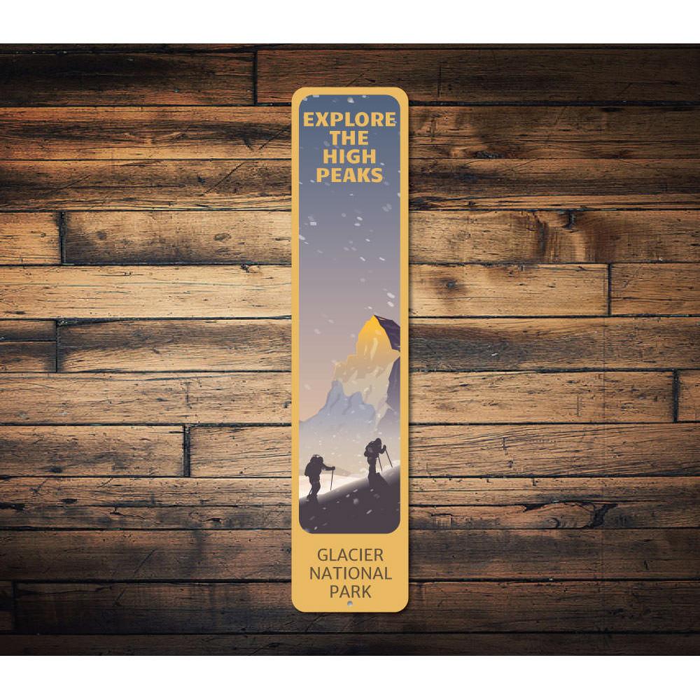 Explore the High Peaks Sign featuring a beautiful lake design, made from high-quality aluminum with customizable text options.