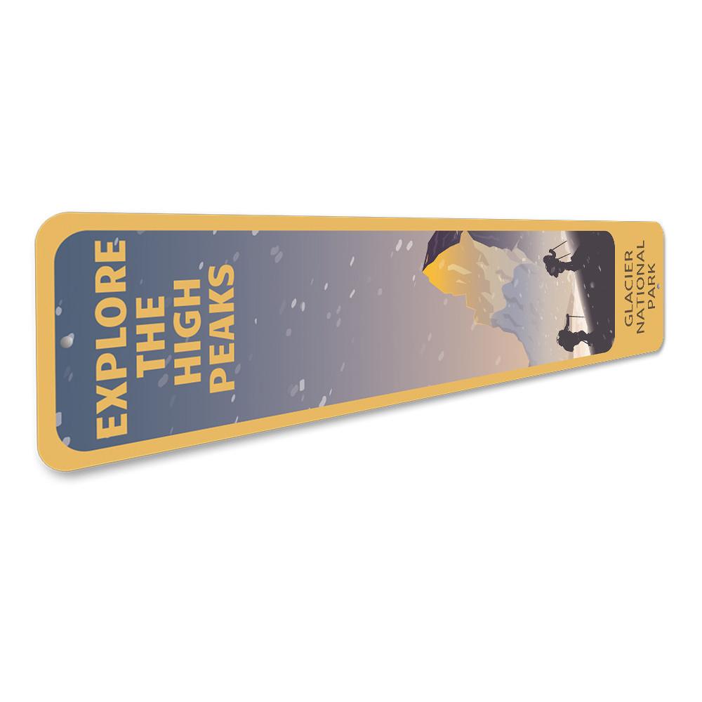 Explore the High Peaks Sign featuring a beautiful lake design, made from high-quality aluminum with customizable text options.