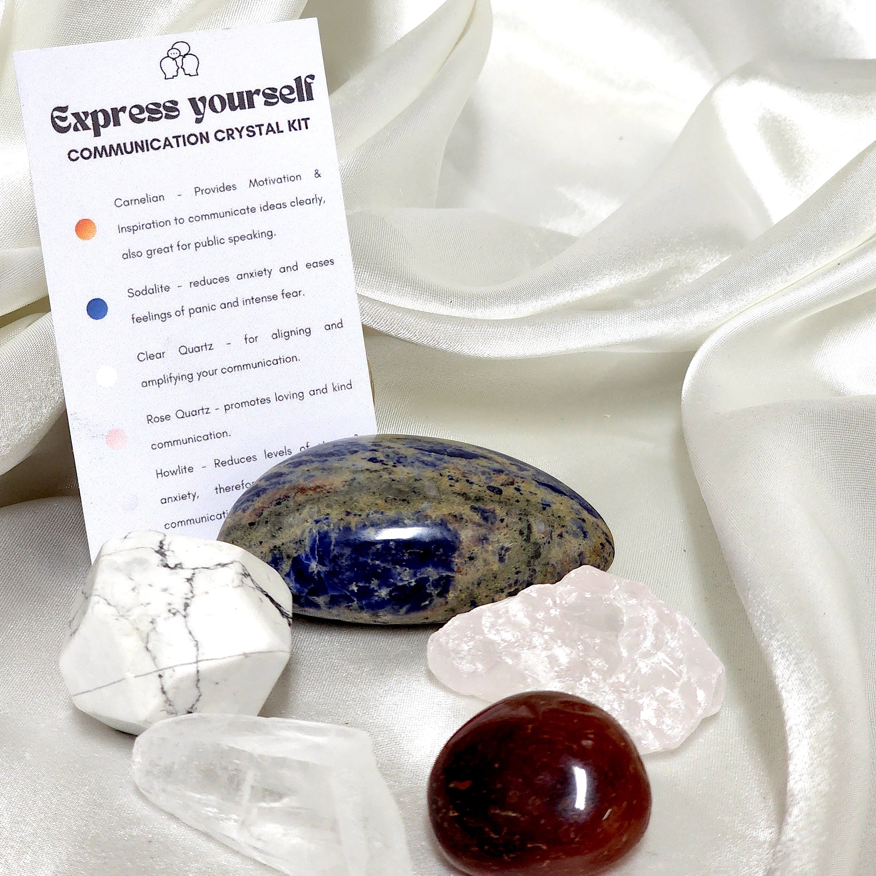 Express Yourself - Communication Crystal Kit featuring Clear Quartz, Carnelian, Sodalite, Howlite, and Rose Quartz for enhanced communication.