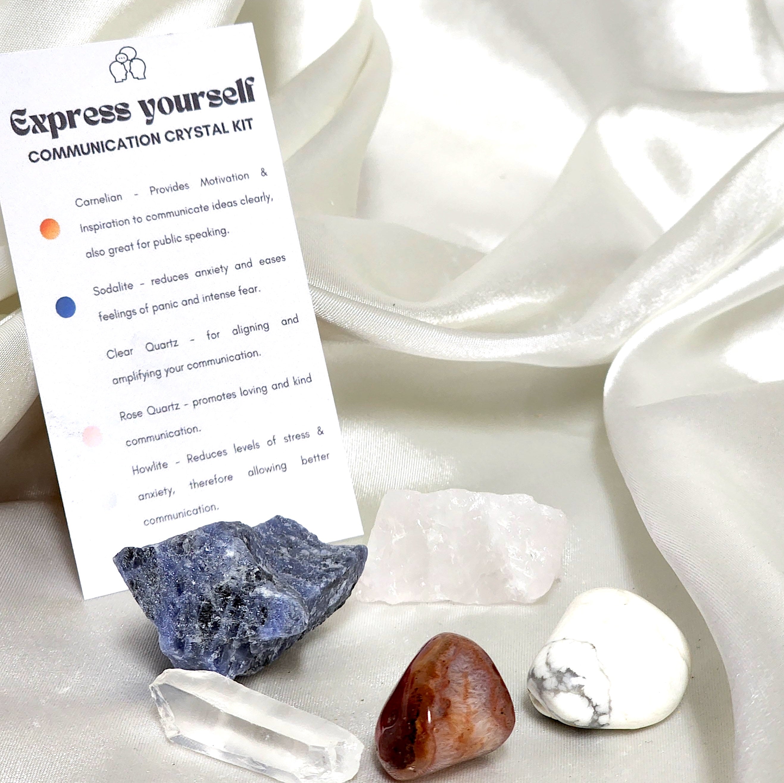 Express Yourself - Communication Crystal Kit featuring Clear Quartz, Carnelian, Sodalite, Howlite, and Rose Quartz for enhanced communication.