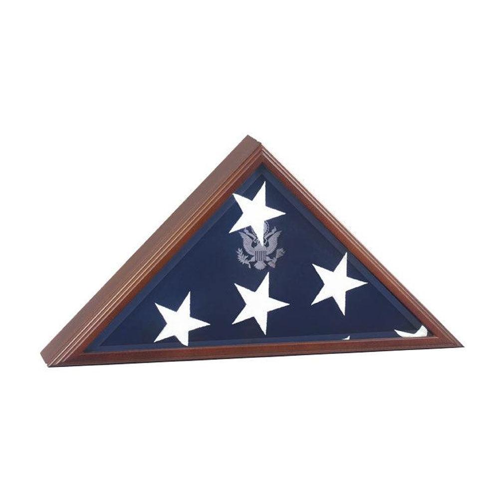 Extra Large American Burial Flag Case with cherry finish and bevelled glass front, designed to display a 5' x 9.5' burial flag.