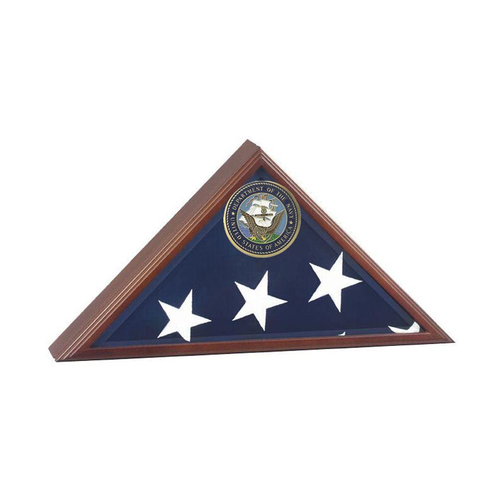 Extra Large American Burial Flag Case with cherry finish and bevelled glass front, designed to display a 5' x 9.5' burial flag.