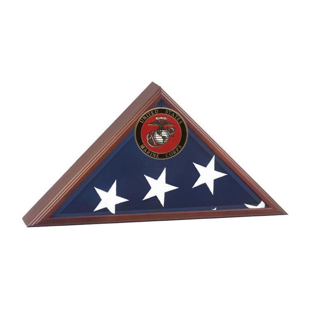 Extra Large American Burial Flag Case with cherry finish and bevelled glass front, designed to display a 5' x 9.5' burial flag.