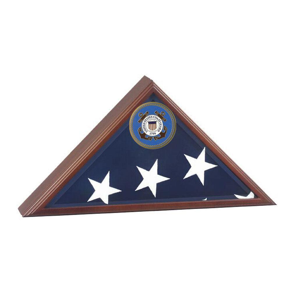 Extra Large American Burial Flag Case with cherry finish and bevelled glass front, designed to display a 5' x 9.5' burial flag.