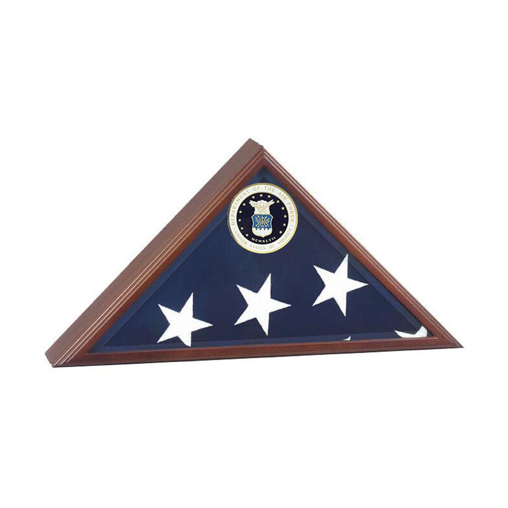 Extra Large American Burial Flag Case with cherry finish and bevelled glass front, designed to display a 5' x 9.5' burial flag.