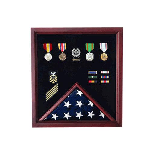 Extra Large Flag plus Medal Display Case showcasing a folded 5' x 9.5' flag and medals, crafted from fine wood with a black felt lining.