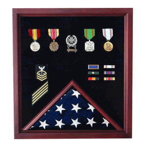 Extra Large Flag plus Medal Display Case showcasing a folded 5ftx9.5ft flag and medals, crafted from fine wood with a rich black felt lining.