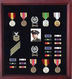 Extra Large Medal Display Case in Cherry Finish, showcasing military medals and memorabilia with a rich black felt interior.
