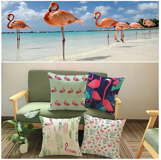 Fabulous Flamingos Cushion Covers featuring vibrant flamingo designs amidst palm trees and hibiscus flowers, perfect for home decor.