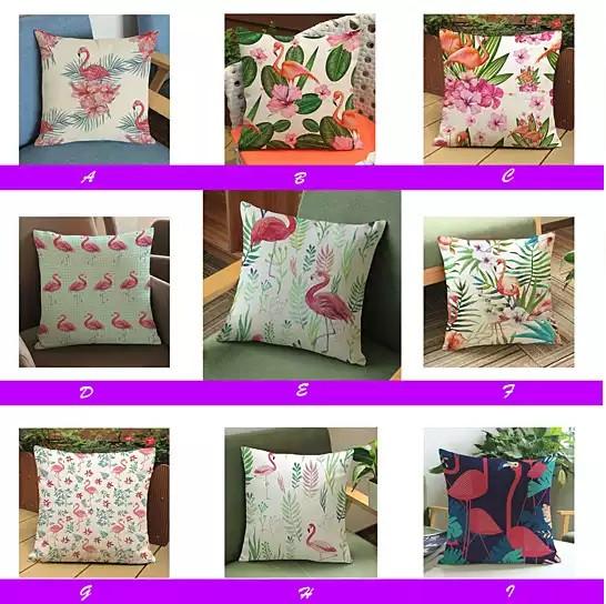 Fabulous Flamingos Cushion Covers featuring vibrant flamingo designs amidst palm trees and hibiscus flowers, perfect for home decor.