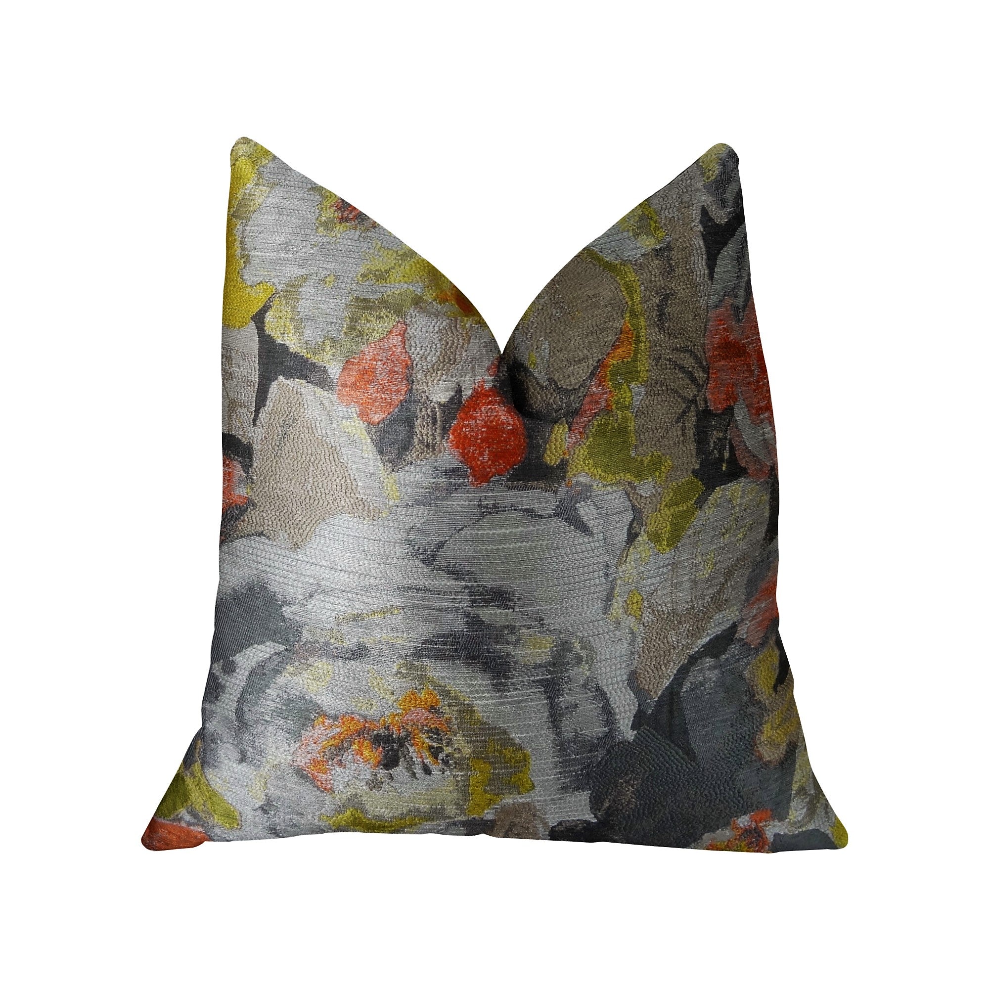 Fairy Garden Gray Yellow and Coral Handmade Luxury Pillow featuring a floral pattern, double-sided design, and invisible zipper enclosure.