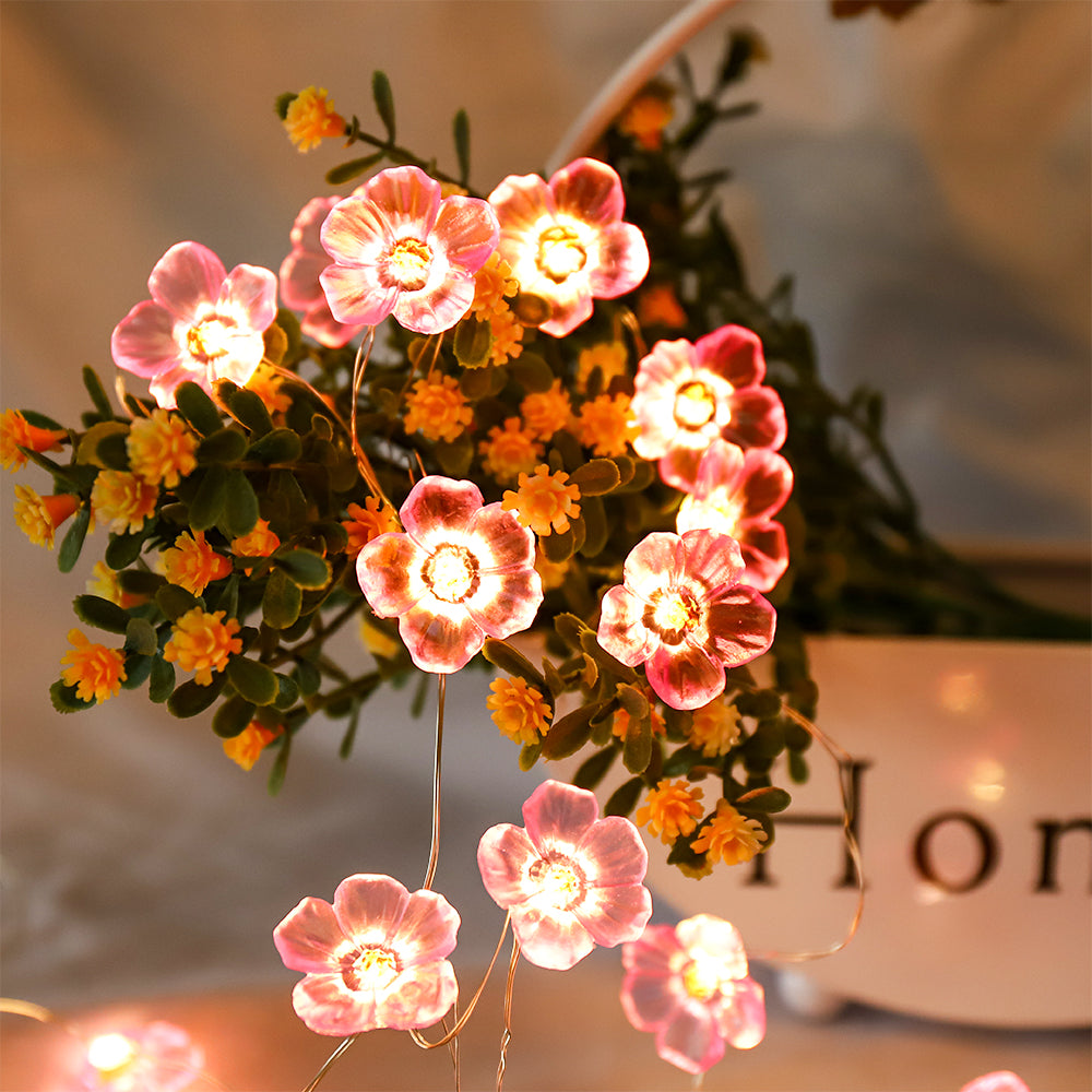 A 10ft string of fairy lights featuring 30 pink cherry blossom LEDs, perfect for indoor and outdoor decoration.