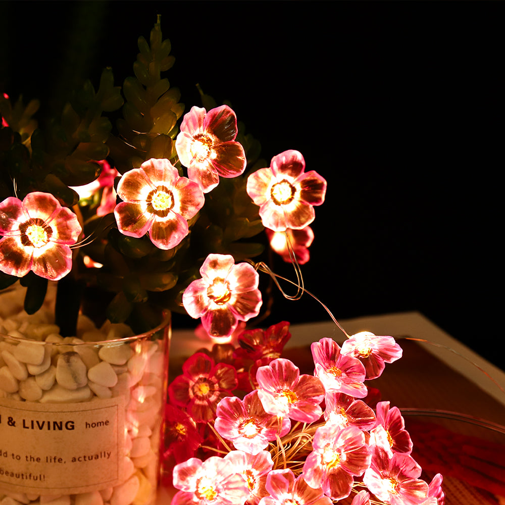 A 10ft string of fairy lights featuring 30 pink cherry blossom LEDs, perfect for indoor and outdoor decoration.