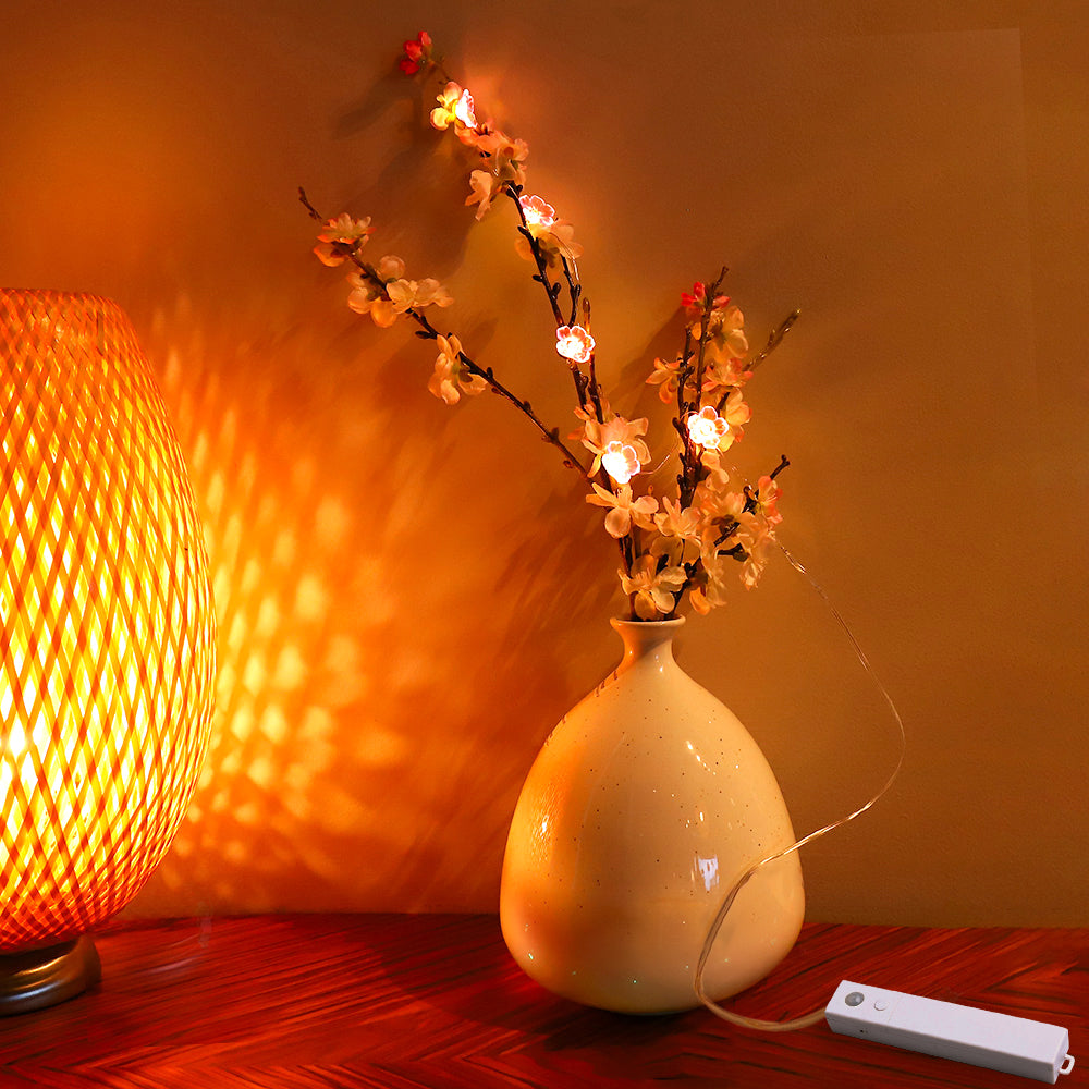 A 10ft string of fairy lights featuring 30 pink cherry blossom LEDs, perfect for indoor and outdoor decoration.