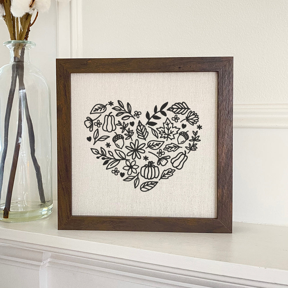 Fall Heart Framed Sign with a stylized wood frame and linen-look background, perfect for autumn decor.