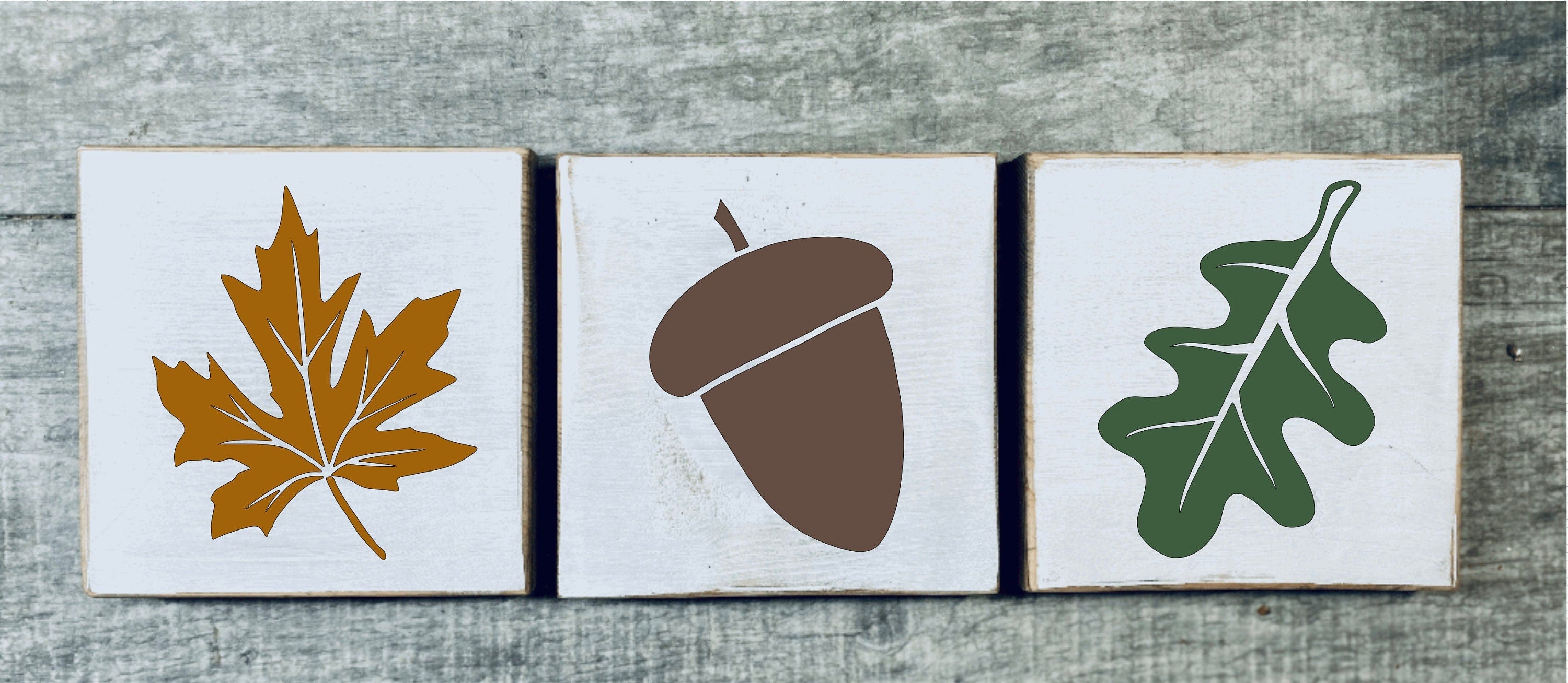 A set of three hand-painted mini wood signs featuring fall leaves and an acorn, perfect for tiered tray decor.