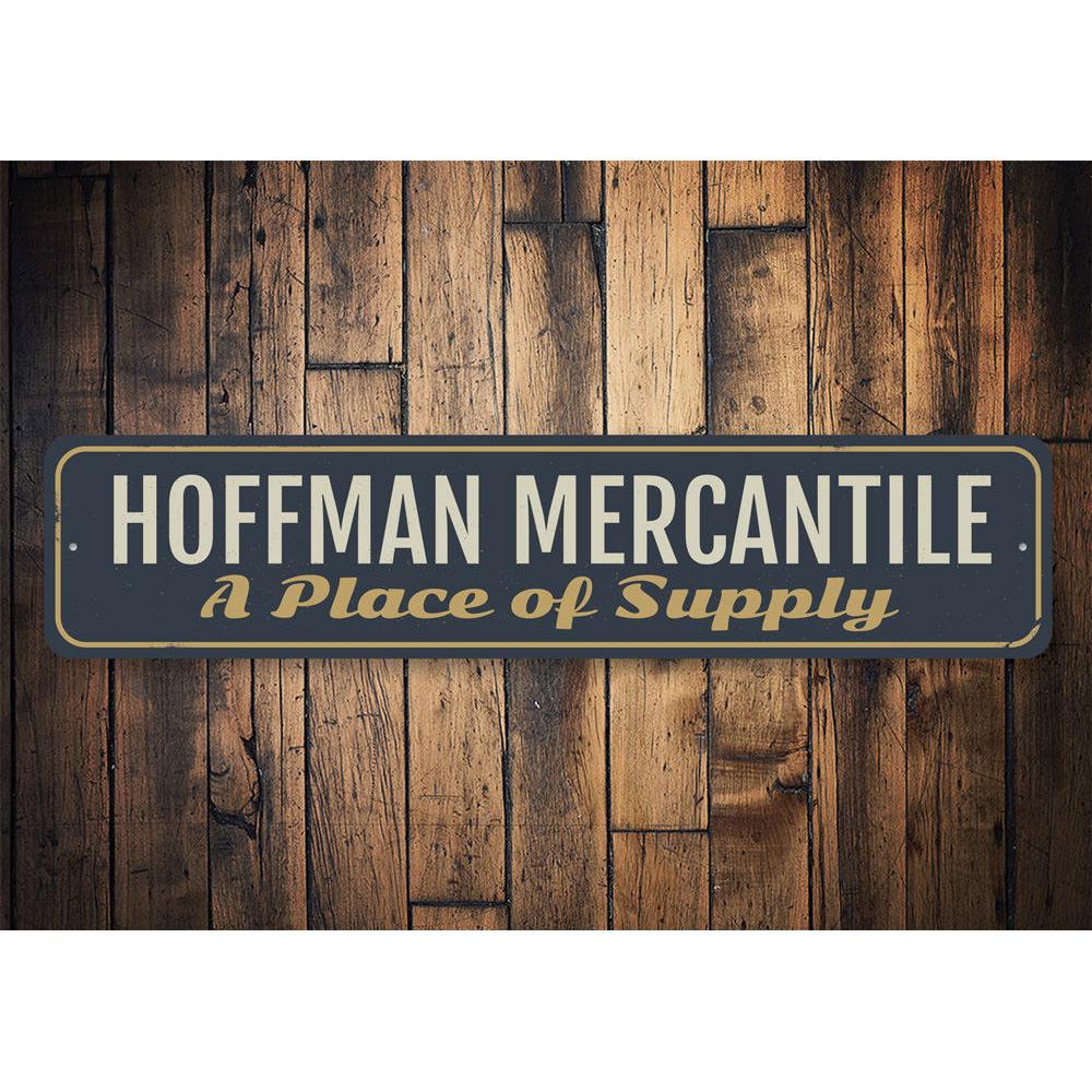 A decorative Family Mercantile Sign made of high-quality aluminum, featuring customizable text, ideal for businesses and home decor.