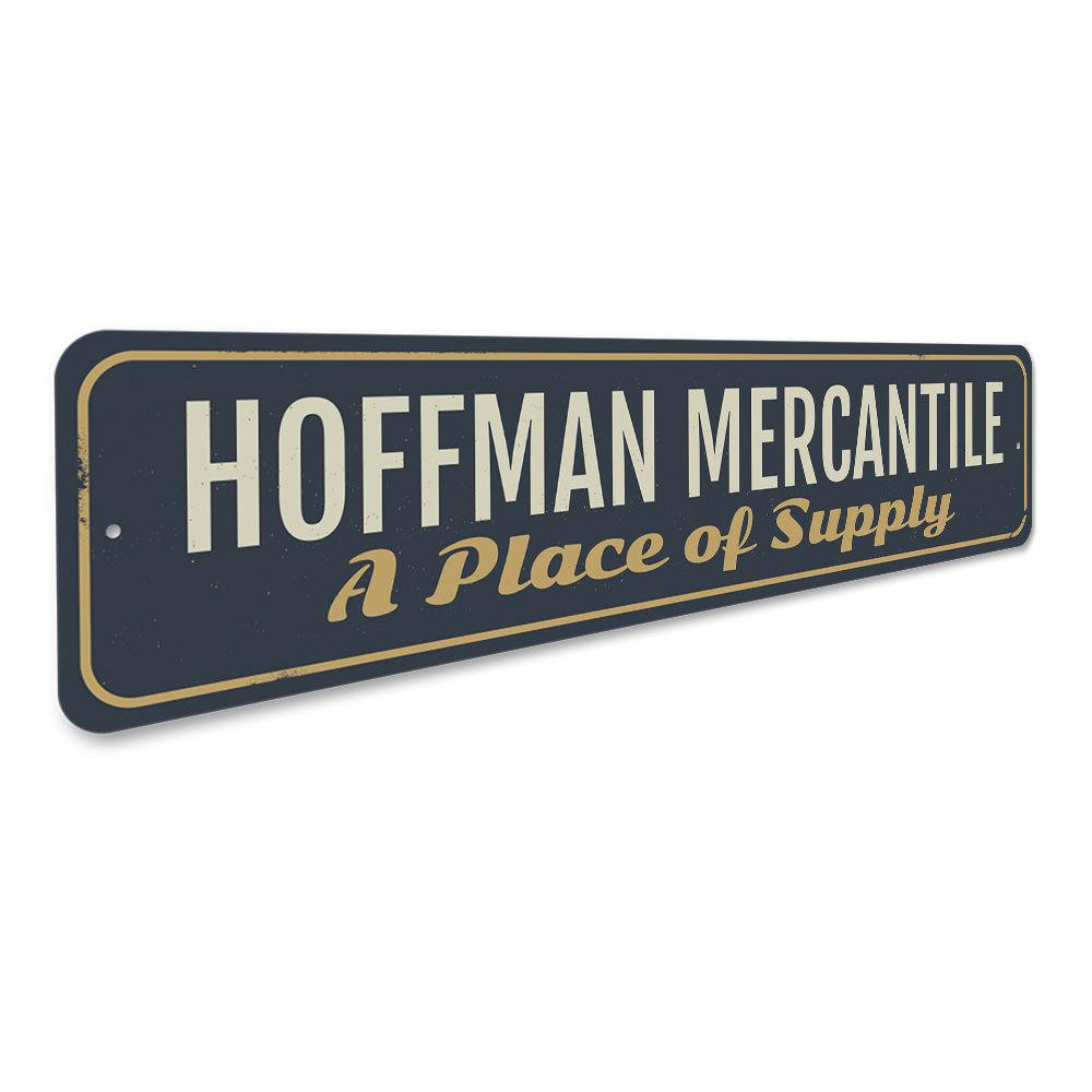 A decorative Family Mercantile Sign made of high-quality aluminum, featuring customizable text, ideal for businesses and home decor.