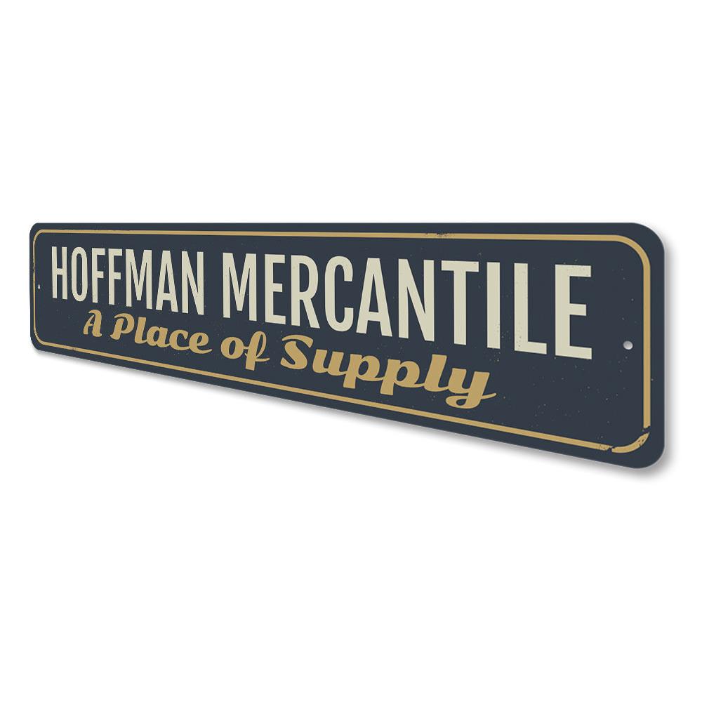 A decorative Family Mercantile Sign made of high-quality aluminum, featuring customizable text, ideal for businesses and home decor.