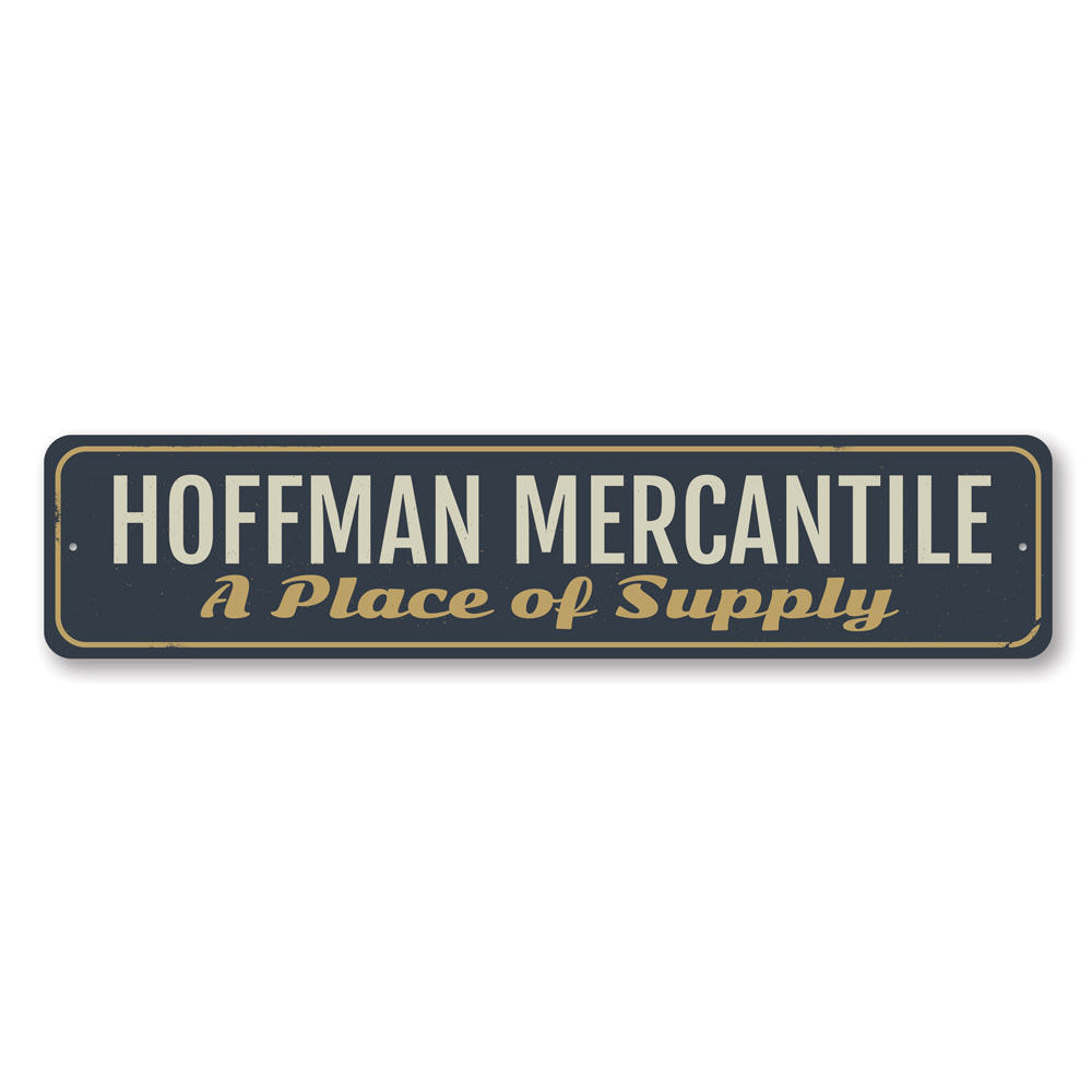 A decorative Family Mercantile Sign made of high-quality aluminum, featuring customizable text, ideal for businesses and home decor.