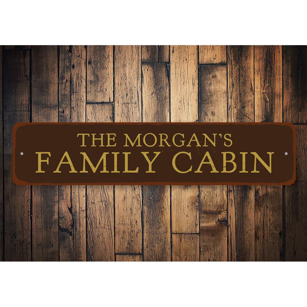 Personalized Family Name Cabin Sign made of durable aluminum, featuring custom text and pre-drilled holes for easy mounting.