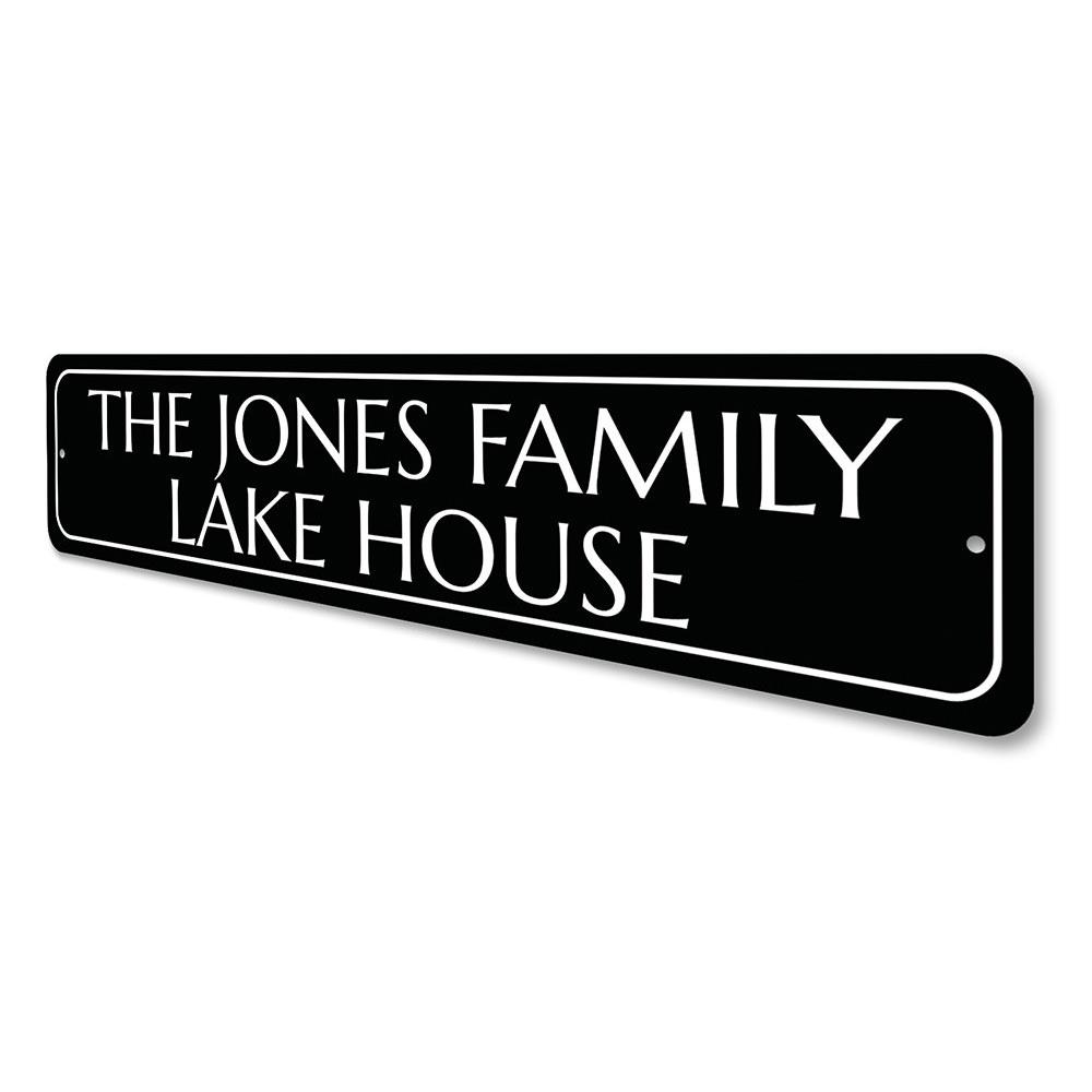 Personalized Family Name Lake House Sign made of durable aluminum, showcasing a custom name with a scenic lake background.