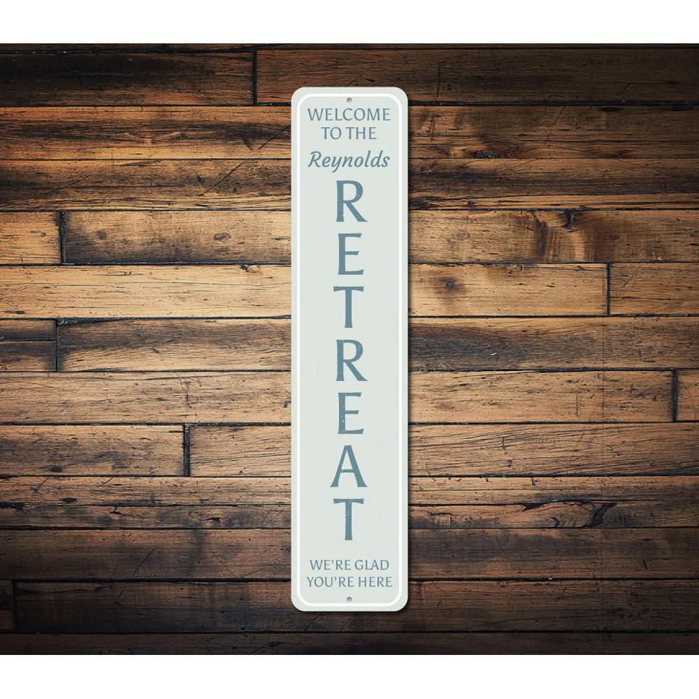 Family Retreat Vertical Sign made of high-quality aluminum, featuring customizable text, suitable for indoor and outdoor display.