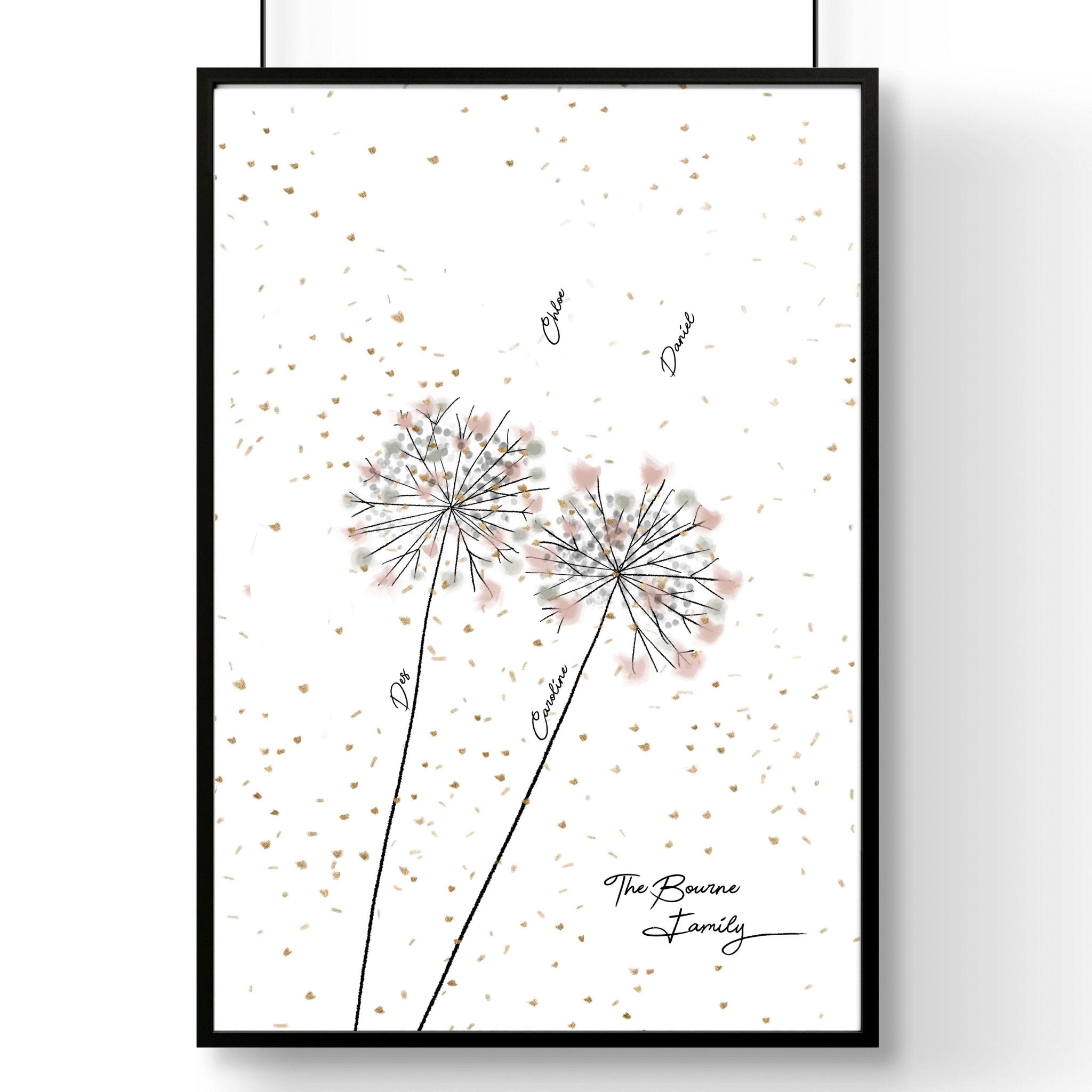 Personalised Family Tree Wall Art Print featuring custom names and a beautiful design, perfect for home decor.