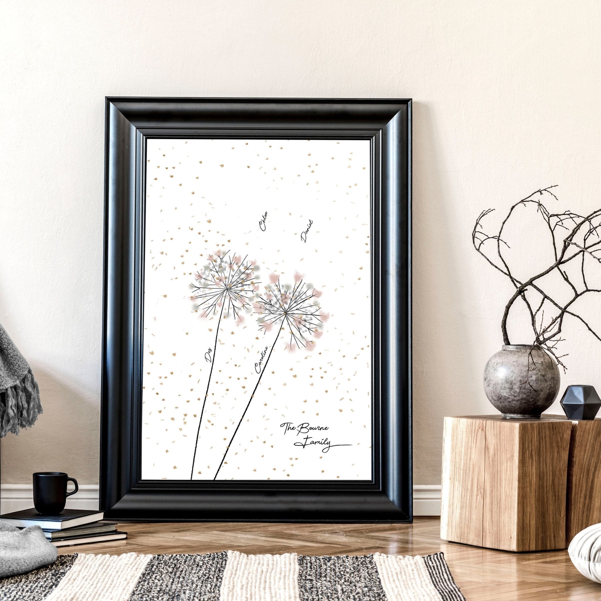 Personalised Family Tree Wall Art Print featuring custom names and a beautiful design, perfect for home decor.