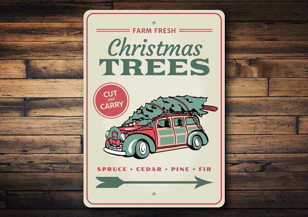 Farm Fresh Christmas Trees Sign featuring festive design, made of durable aluminum, perfect for holiday decor.