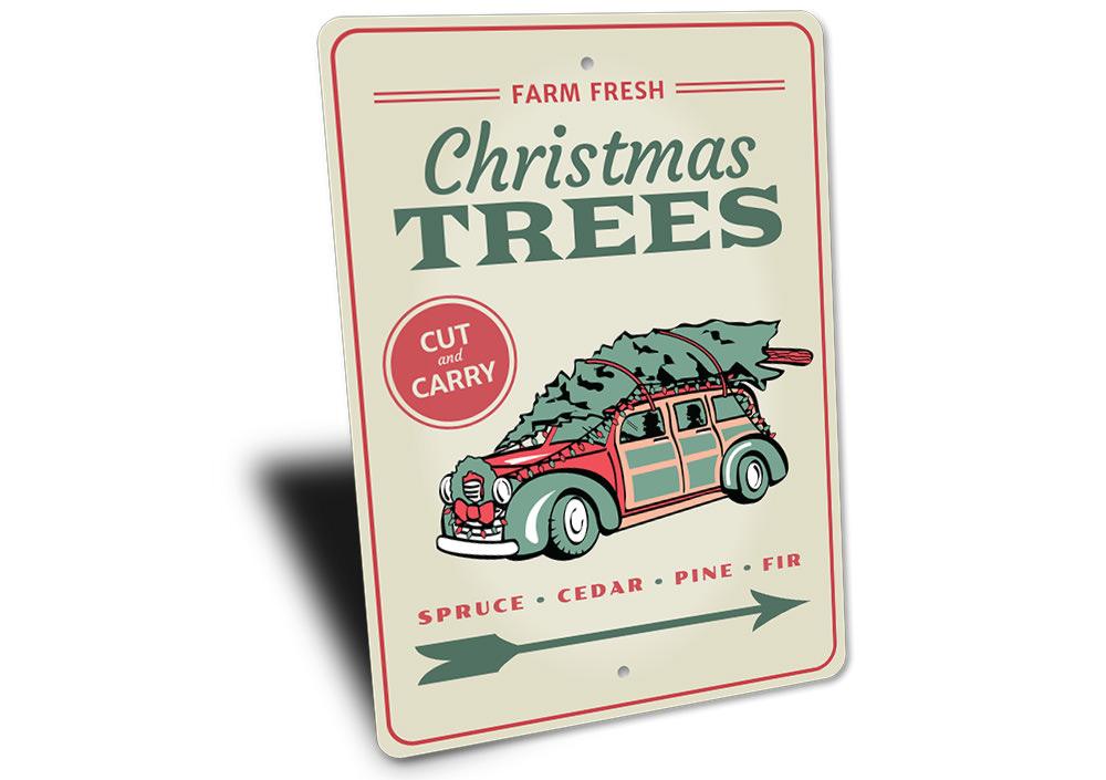 Farm Fresh Christmas Trees Sign featuring festive design, made of durable aluminum, perfect for holiday decor.