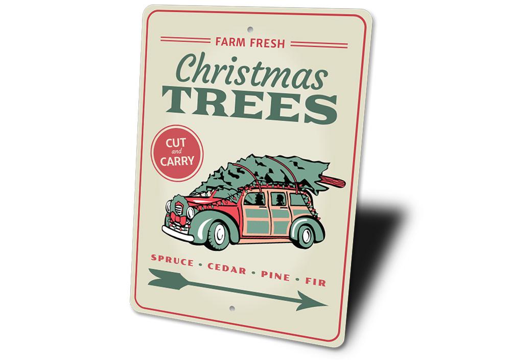 Farm Fresh Christmas Trees Sign featuring festive design, made of durable aluminum, perfect for holiday decor.