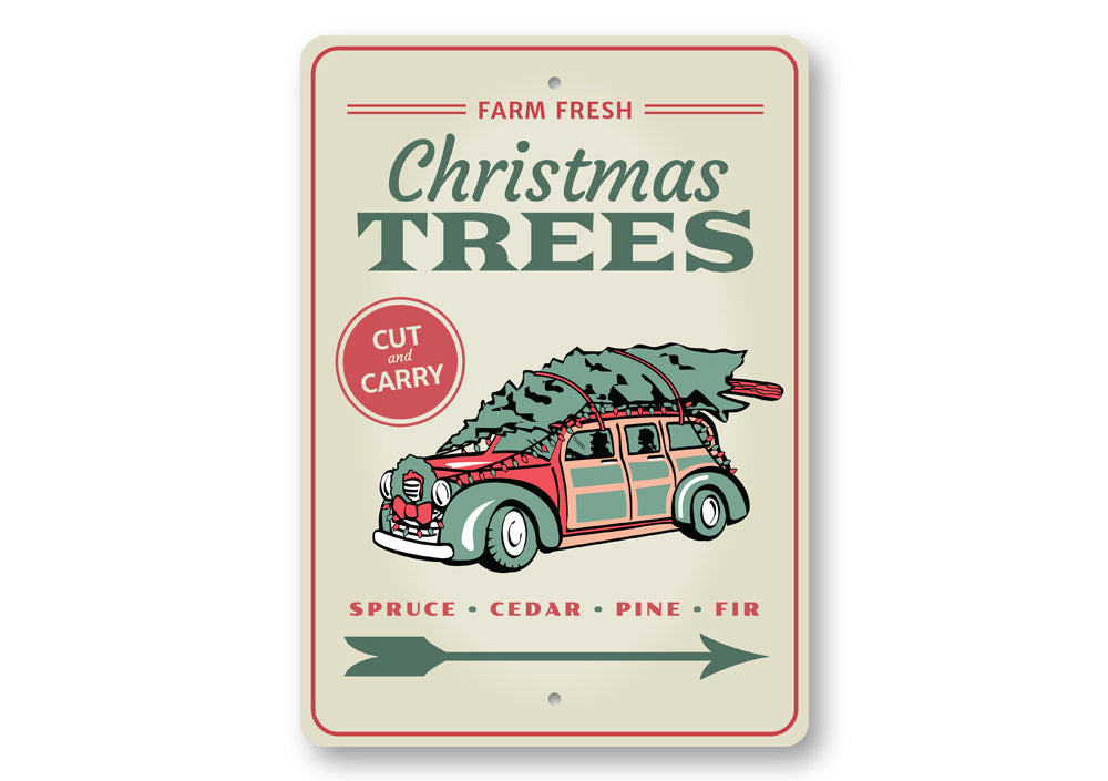 Farm Fresh Christmas Trees Sign featuring festive design, made of durable aluminum, perfect for holiday decor.