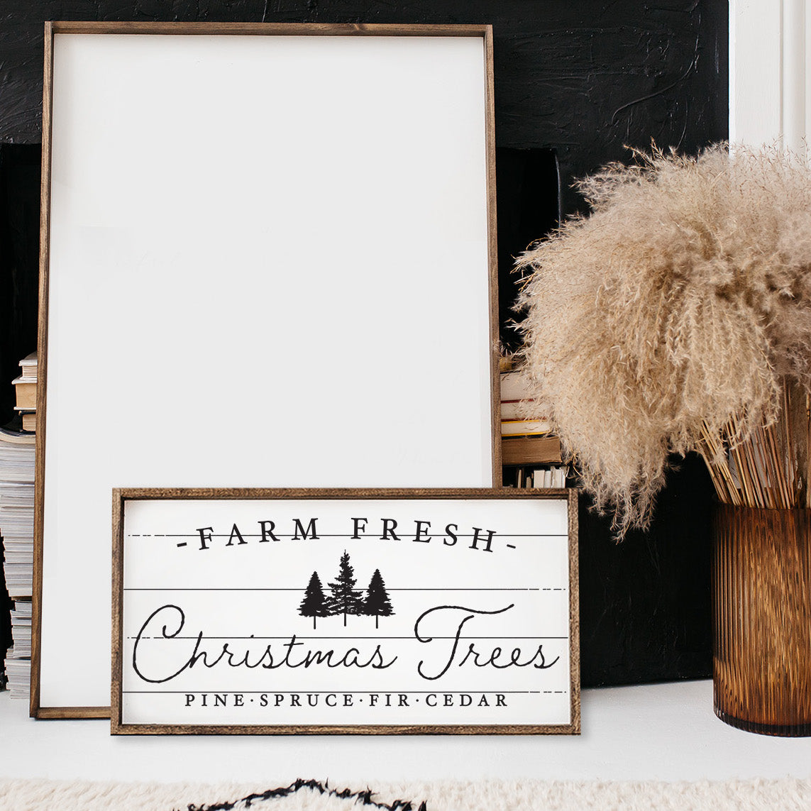 Farm Fresh Christmas Trees Wood Sign with rustic stained pine frame and waterproof design, measuring 13x25 inches.