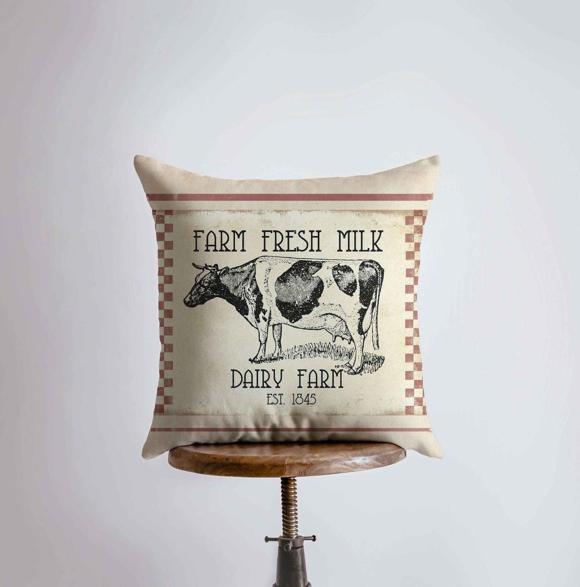 Farm Fresh Milk Dairy Cow Pillow Cover featuring a vintage dairy cow design, handcrafted in America, with a concealed zipper and beige back.