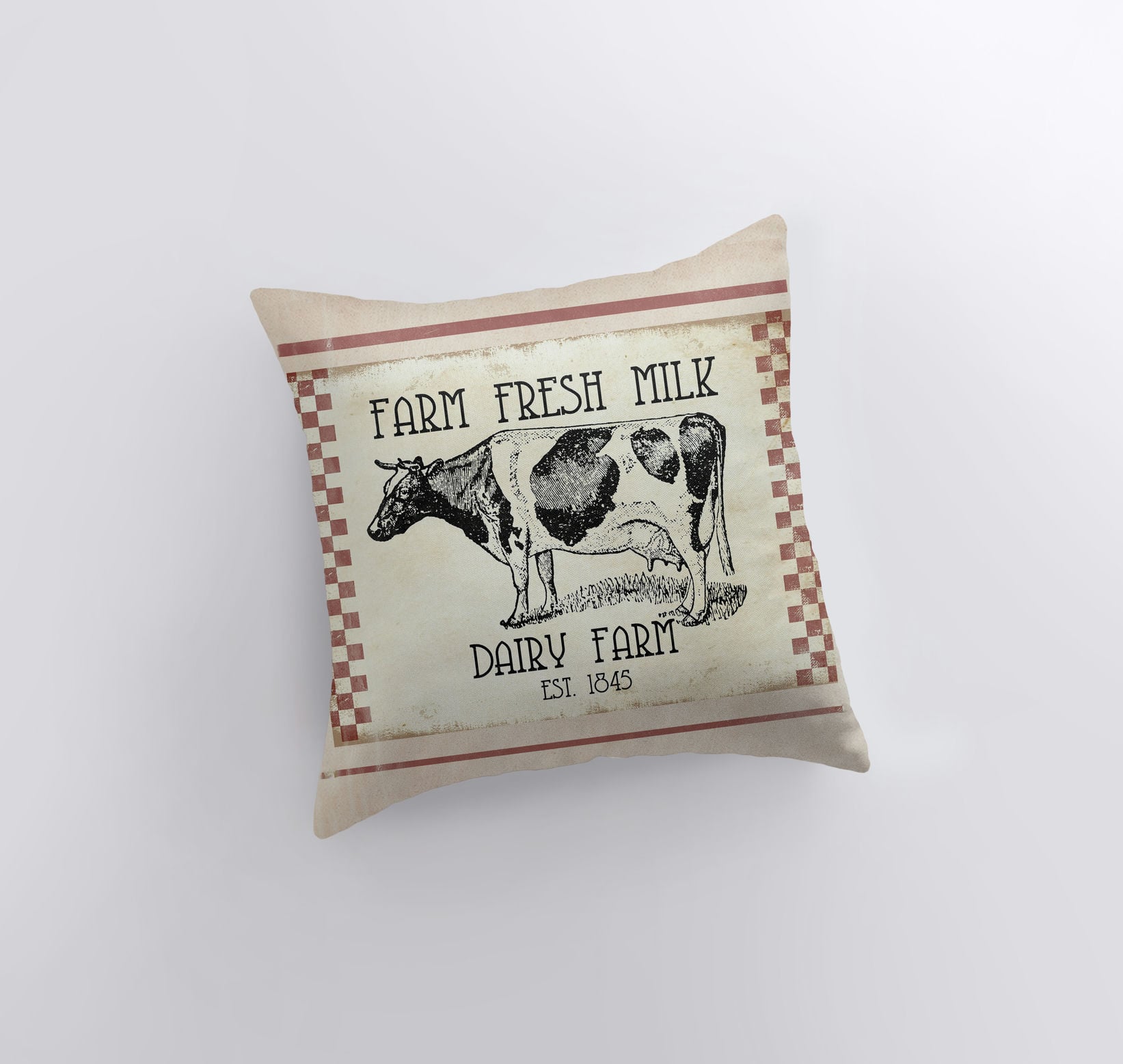 Farm Fresh Milk Dairy Cow Pillow Cover featuring a vintage dairy cow design, handcrafted in America, with a concealed zipper and beige back.