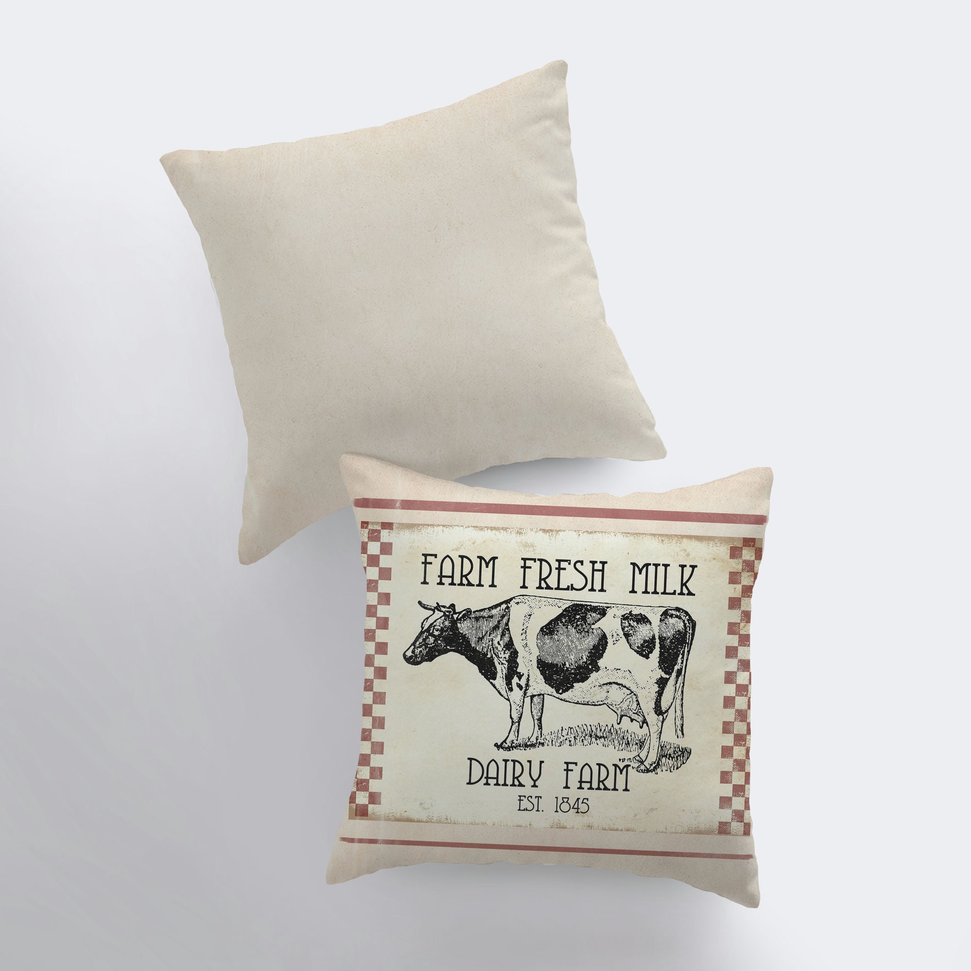 Farm Fresh Milk Dairy Cow Pillow Cover featuring a vintage dairy cow design, handcrafted in America, with a concealed zipper and beige back.